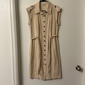 Calvin Klein Cream Buttoned Midi Dress with Notched Collar